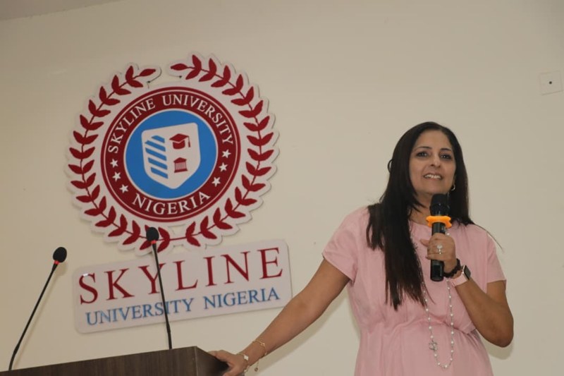 Anju Ganglani speaking to freshmen students at Skyline University Nigeria