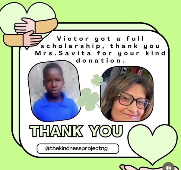 Victor, full scholarship recipient, sponsored by Mrs. Savita